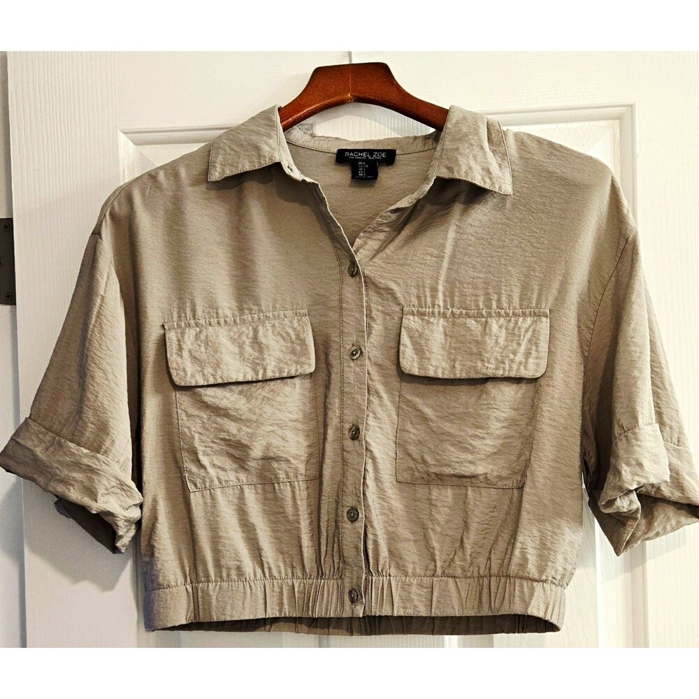 Rachel Zoe Safari Utility Cropped Shirt Small Tan Taupe Rayon Blend Cargo Blouse